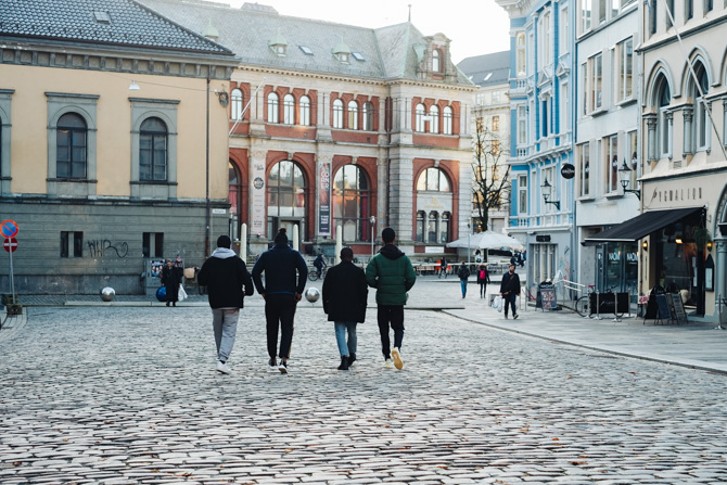 Group of young men in Bergen, Norway.