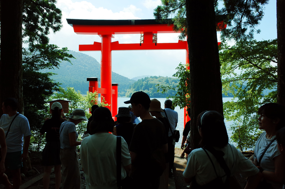 A crowd of people in front of the Hakone-jinja Shrine.