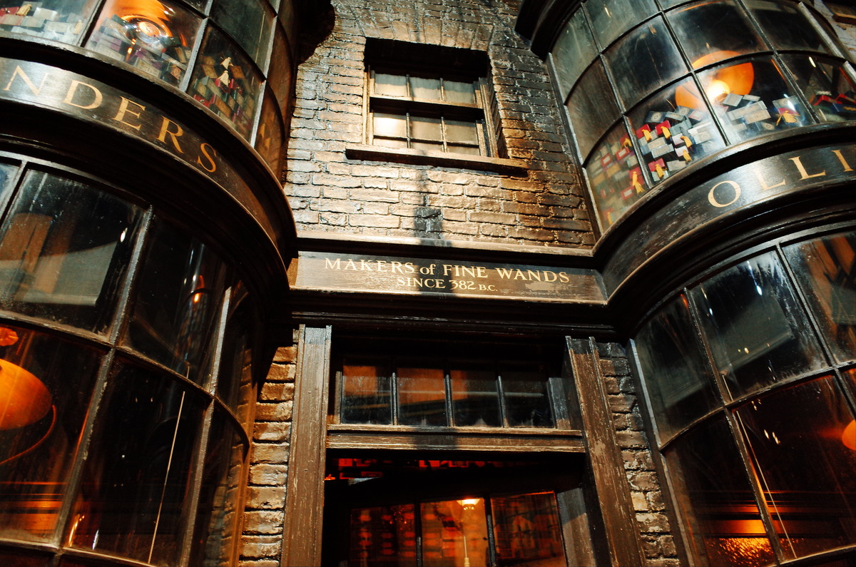 The facade of Ollivander's Wand Shop made of brick.